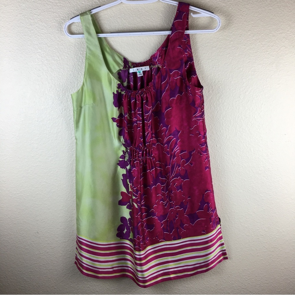 CAbi Women's Cosmo Floral 100% Silk Pink Green Sleeveless Tunic Blouse Size M